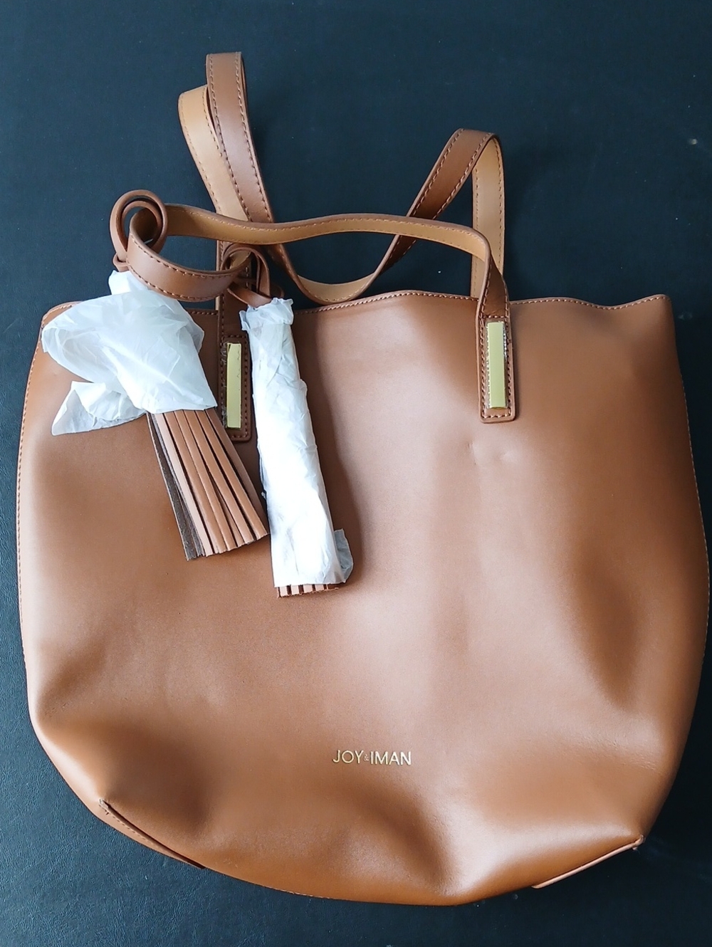 Joy & Iman Tan Leather Tote with Tassel Accent